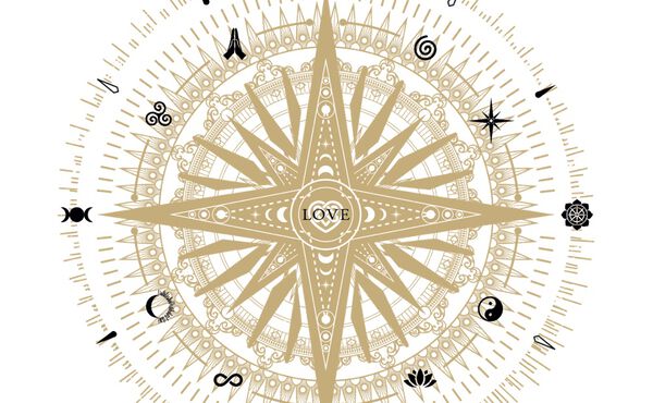 Ilustración de la brújula Rituals con el amor en el centro y símbolos espirituales alrededor de un diseño de estrella dorado.